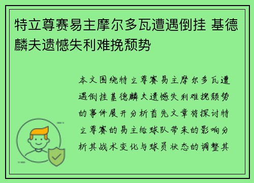 特立尊赛易主摩尔多瓦遭遇倒挂 基德麟夫遗憾失利难挽颓势