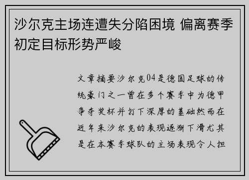 沙尔克主场连遭失分陷困境 偏离赛季初定目标形势严峻