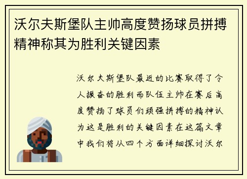 沃尔夫斯堡队主帅高度赞扬球员拼搏精神称其为胜利关键因素