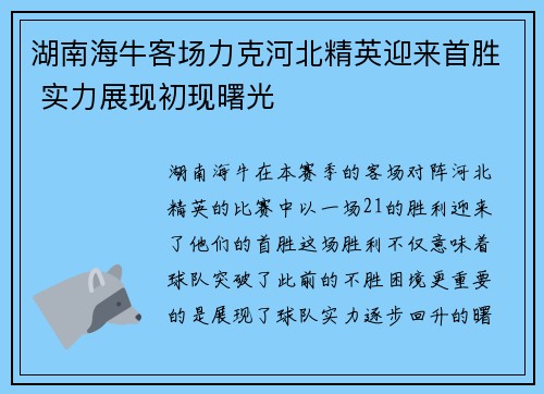 湖南海牛客场力克河北精英迎来首胜 实力展现初现曙光