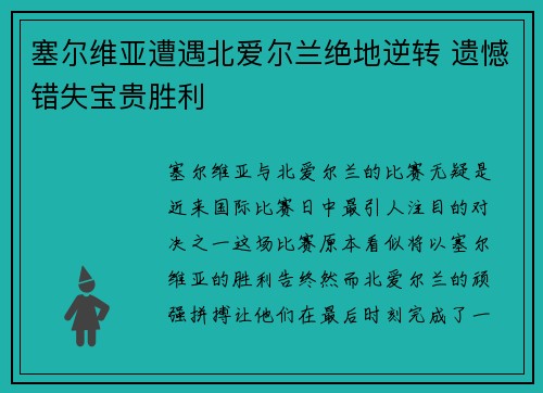 塞尔维亚遭遇北爱尔兰绝地逆转 遗憾错失宝贵胜利