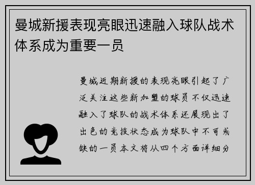 曼城新援表现亮眼迅速融入球队战术体系成为重要一员