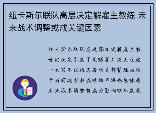 纽卡斯尔联队高层决定解雇主教练 未来战术调整或成关键因素