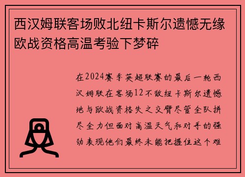 西汉姆联客场败北纽卡斯尔遗憾无缘欧战资格高温考验下梦碎