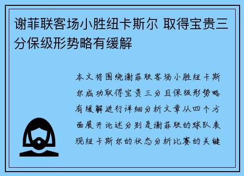 谢菲联客场小胜纽卡斯尔 取得宝贵三分保级形势略有缓解